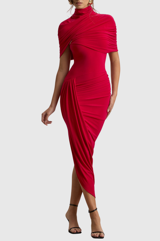 Jago Asymmetric Cape Ruched Midi Dress
