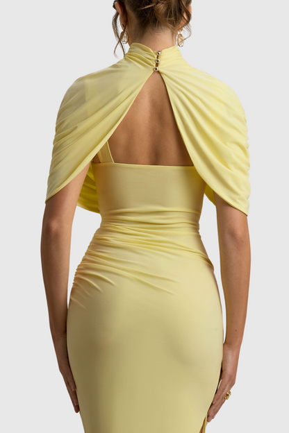Jago Asymmetric Cape Ruched Midi Dress